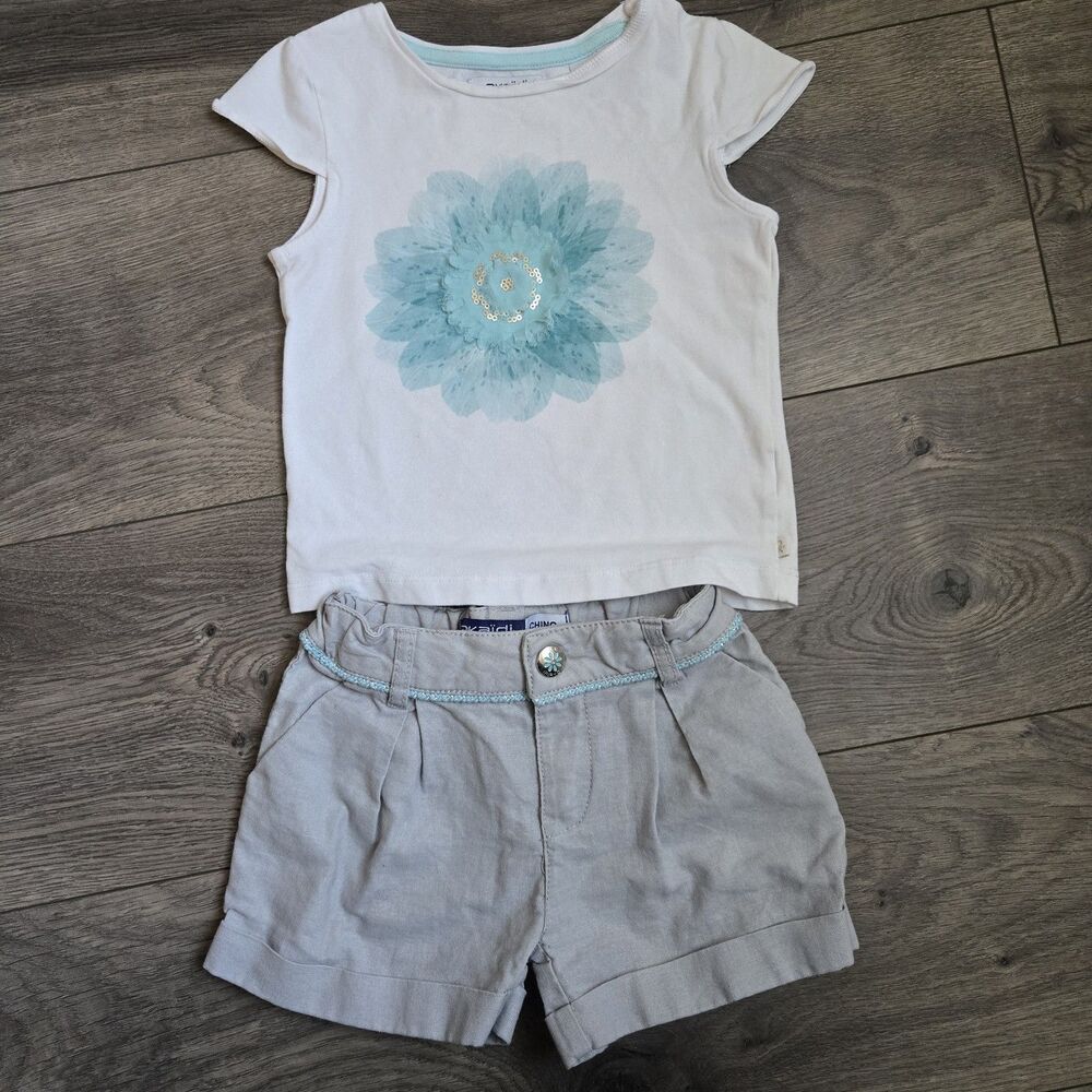 Okaïdi Girls 3Y Linen Cotton Flower Tee & Gray Shorts Set | Summer Outfit 98cm